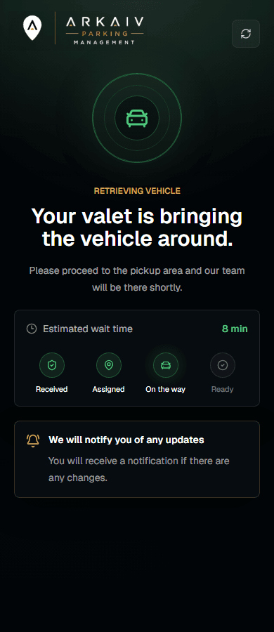 Arkaiv guest pickup request confirmation and live status