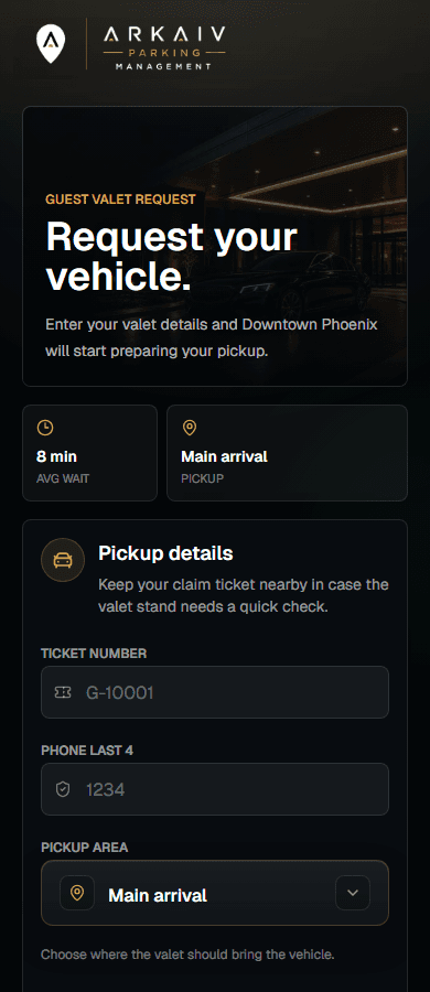 Arkaiv guest vehicle pickup request form